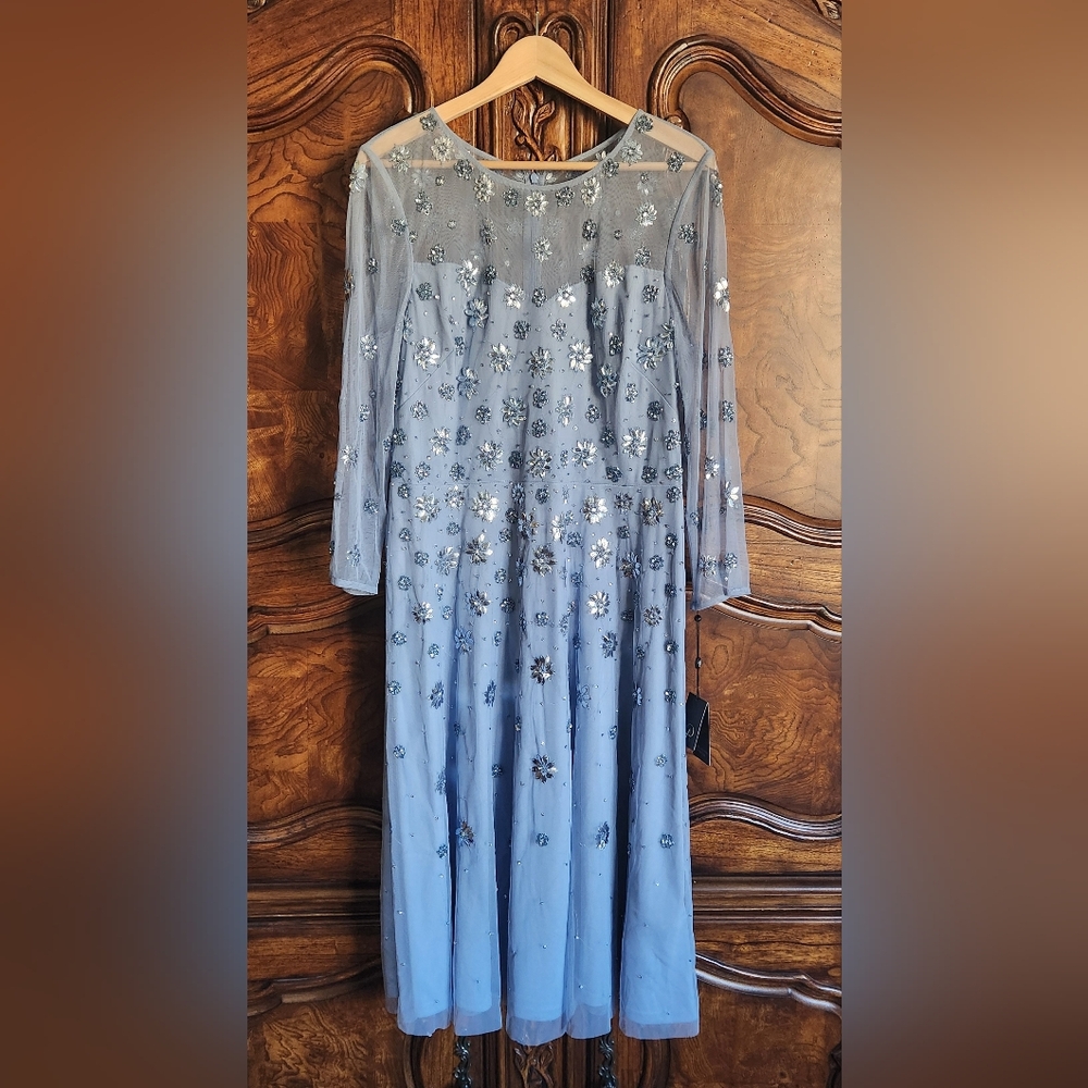 Adrianna Papell Periwinkle Blue Embellished Long Sleeve Crew Neck Gown